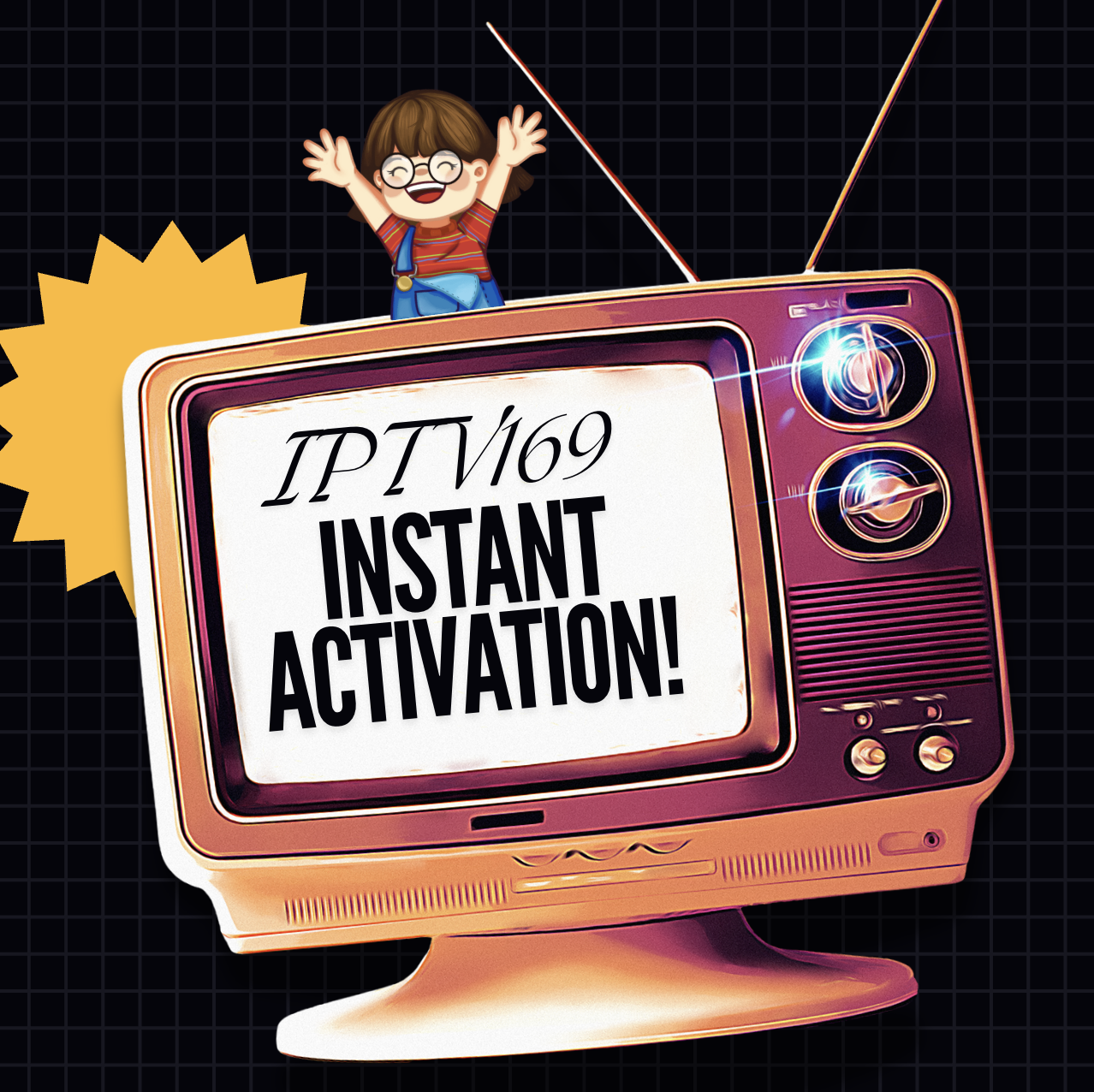 A person using a smart TV displaying an IPTV service interface with various live channels and on-demand content.